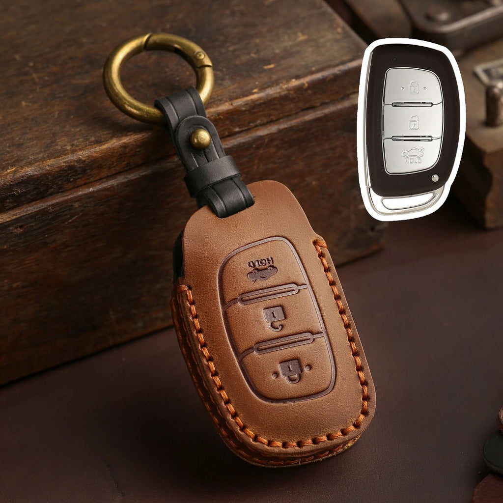 Carsine Hyundai Elantra IX25 Festa IX35 Verna Leather Car Key Cover 3 Button Brown / 3 Button-B