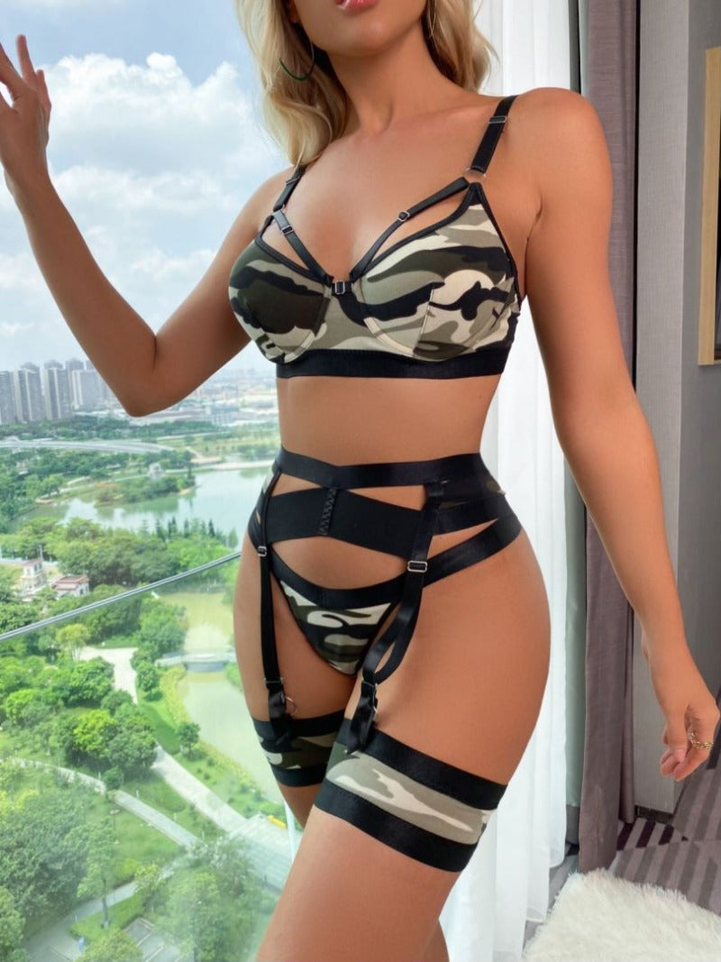 Sexy Damenunterwäsche mit Camouflage-Muster, Strumpfhalter, G-String, Tanga