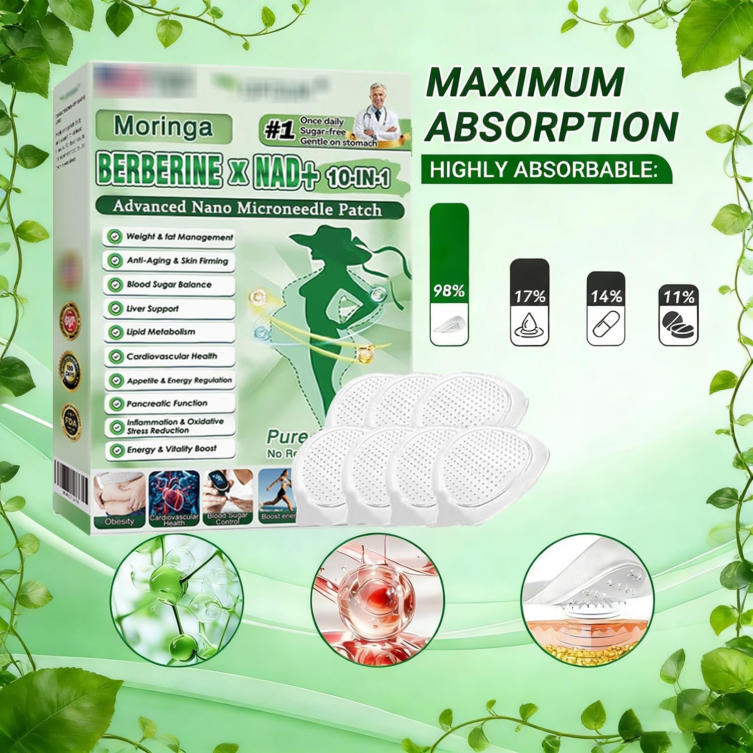 Moringa Berberine Patches,2026 Upgraded Moringa 10-in-1 Nano Microdarts Patch,Suitable for All Skin Types Natural Herbal Body Patch for Women Men