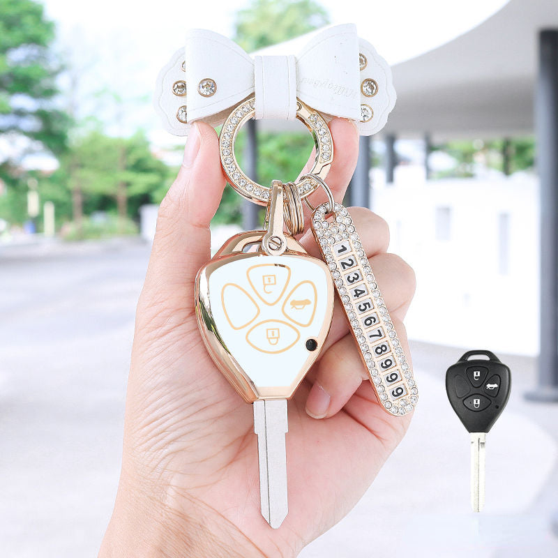 Carsine Toyota Scion Car Key Case Golden Edge B / White / Key case + R chain