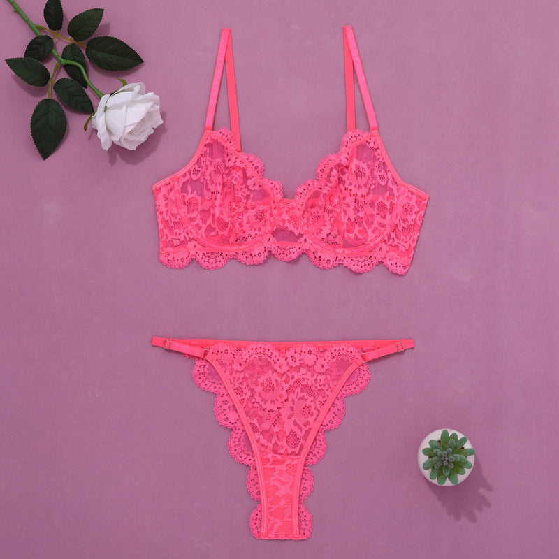 Lace suspenders gathered sexy lingerie two piece set G string Thong