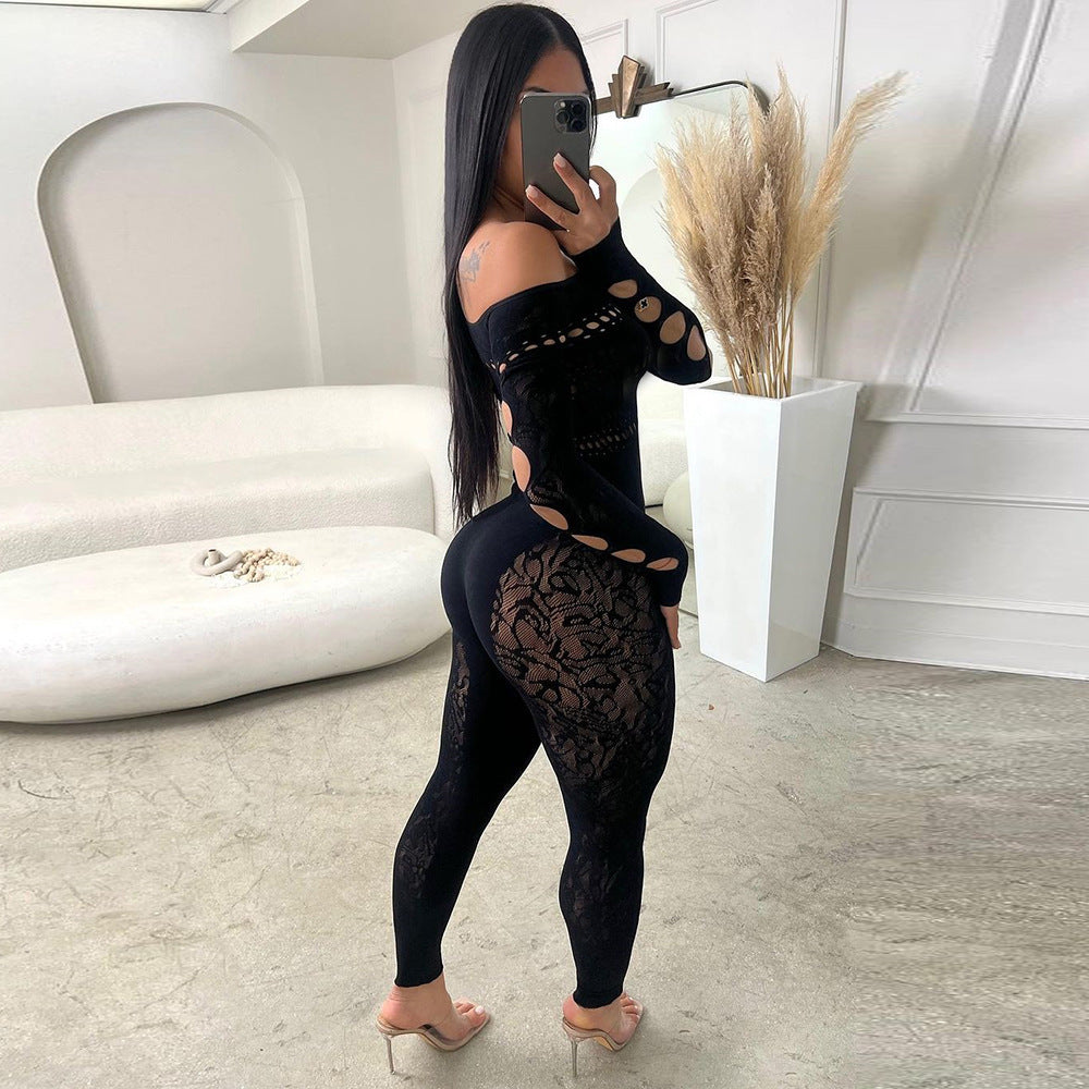 Combinaison moulante sexy et extensible une pièce ajourée
