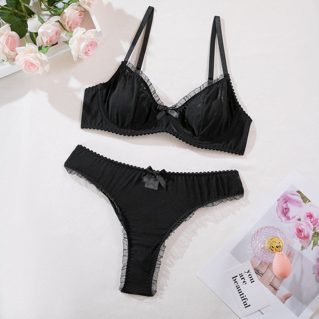 Carsine Ruffle hem simple sexy lingerie two piece set G string Thong Black / S