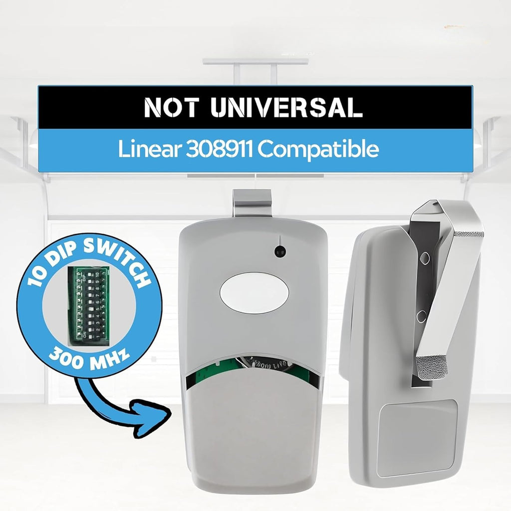 Carsine Multicode Linear 308911, 10 dip Switch Gate Opener Remote 300MHz, Multi Code Garage Door Opener Remote, Garage Clicker Replacement White / 1 PCS