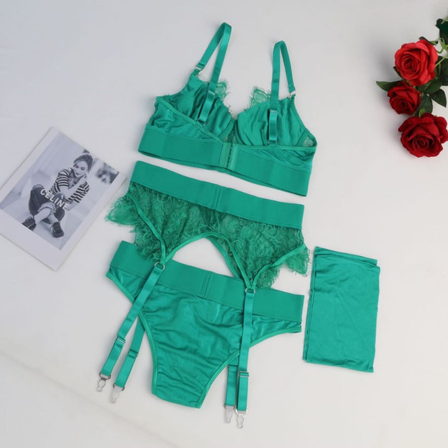 Sexy Dessous-Set mit Strumpfhaltern und Wimpernspitze, 4-teilig