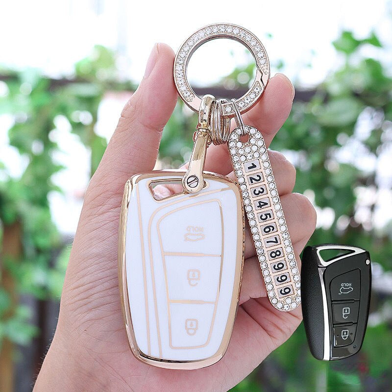 Carsine Hyundai Car Key Case Golden Edge White / Key case + O chain