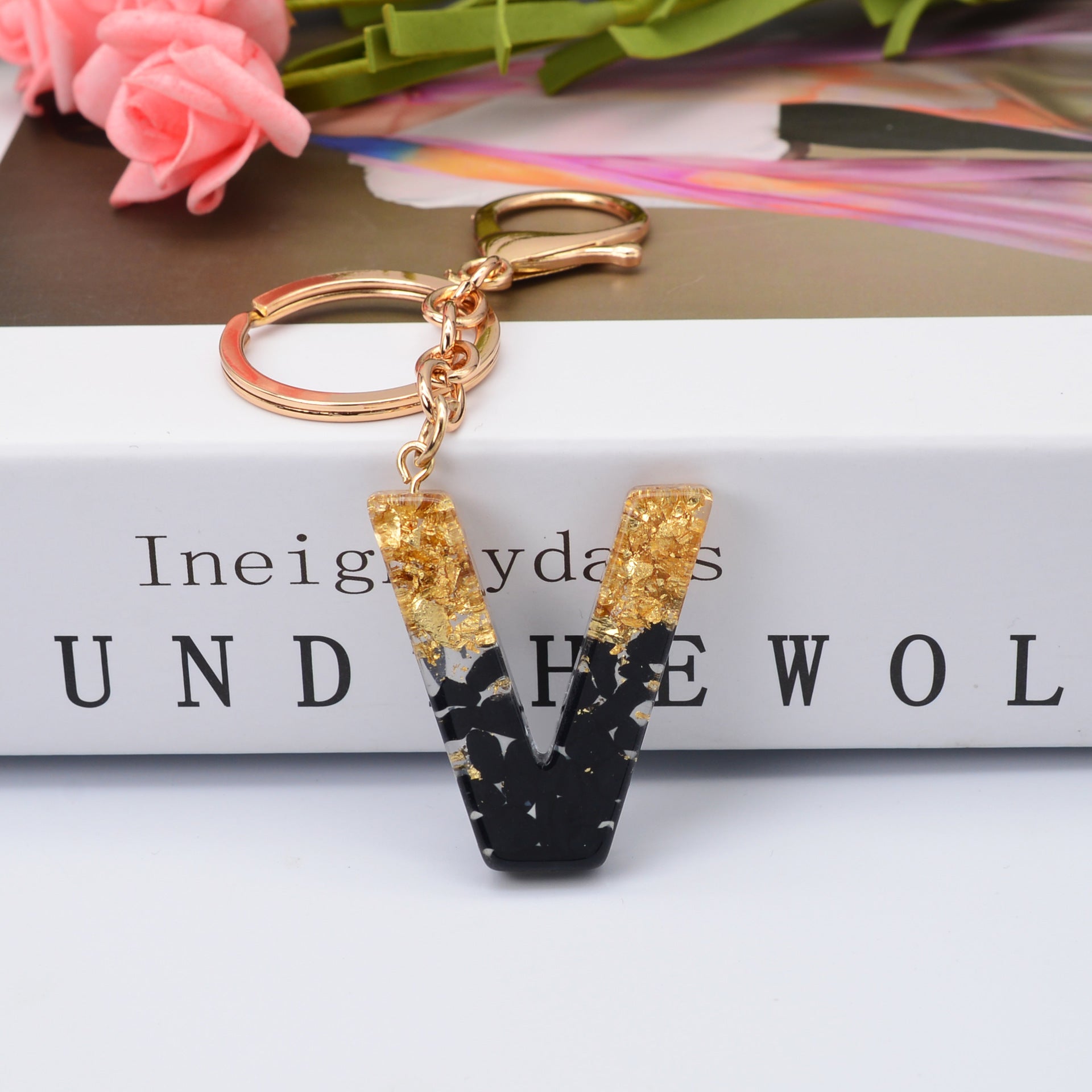 Carsine Black Pompom 26 Alphabets Keychain gold / V