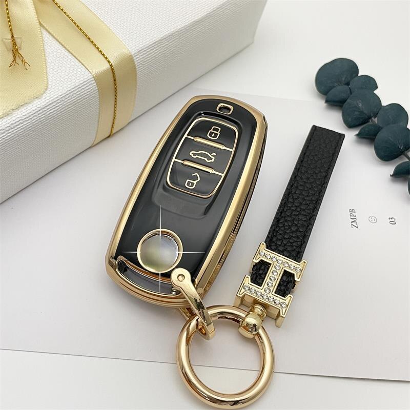 Carsine Volkswagen Car Key Case Golden Edge Black / Key case + strap