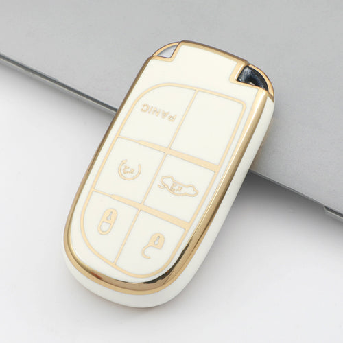 Carsine Jeep Wrangler Cherokee Compass Dodge Renegade Ram Chrysler Car Key Case Golden Edge Type A / White / Key case